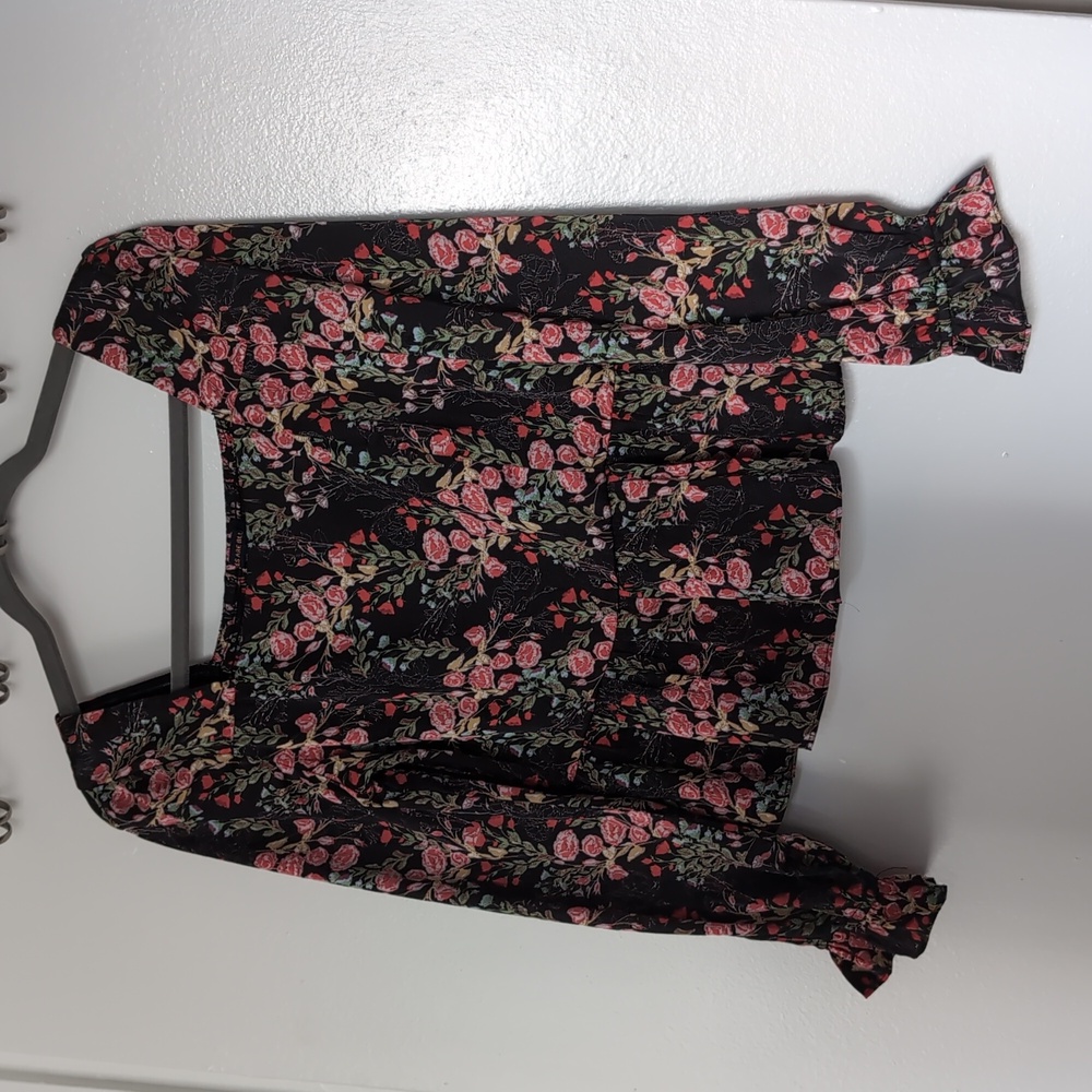 Skies Are Blue Black Blouse with Pink Floral Design